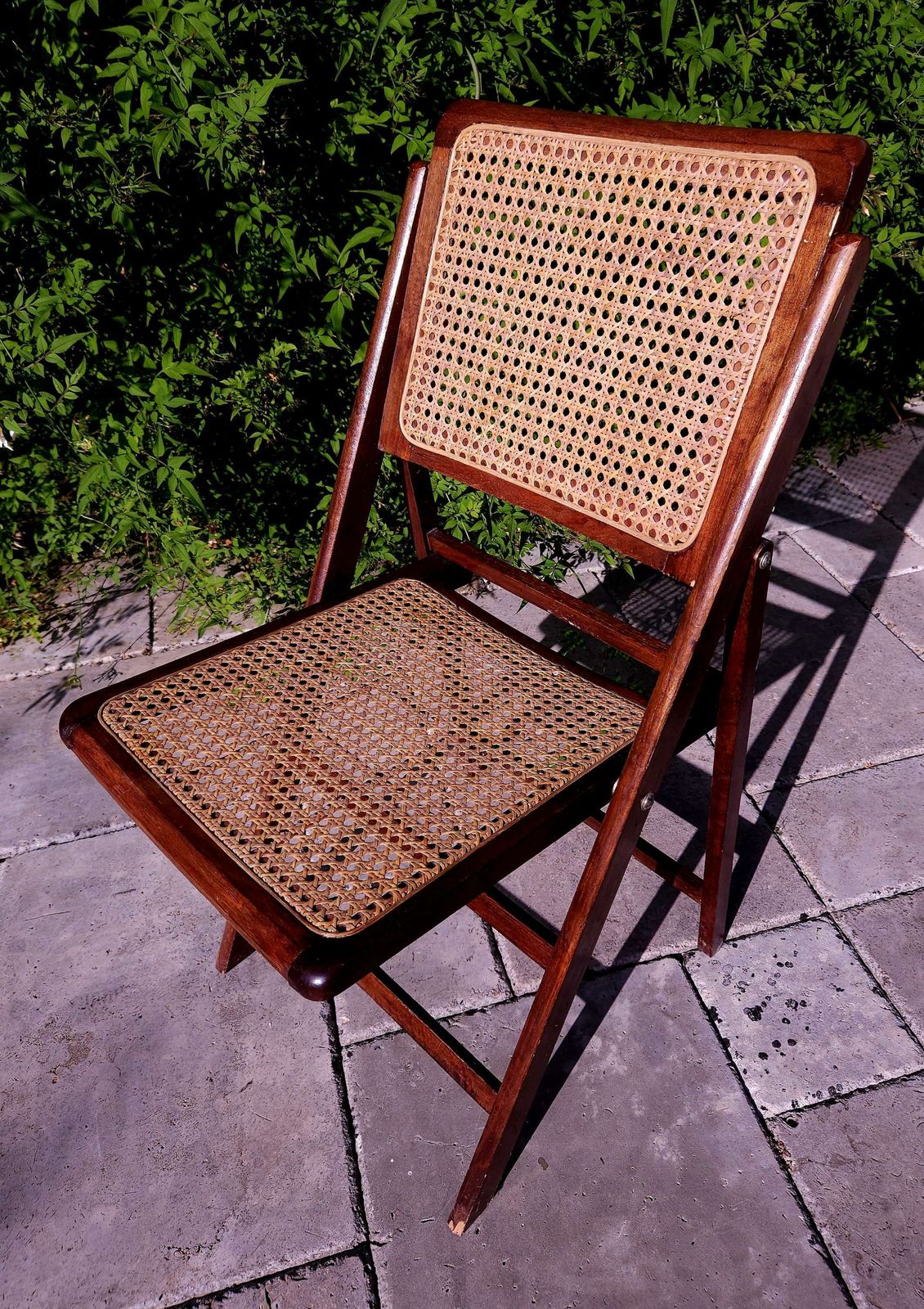 Single Mid Century Folding Chair In Wood, Rattan & Brass photo furniture