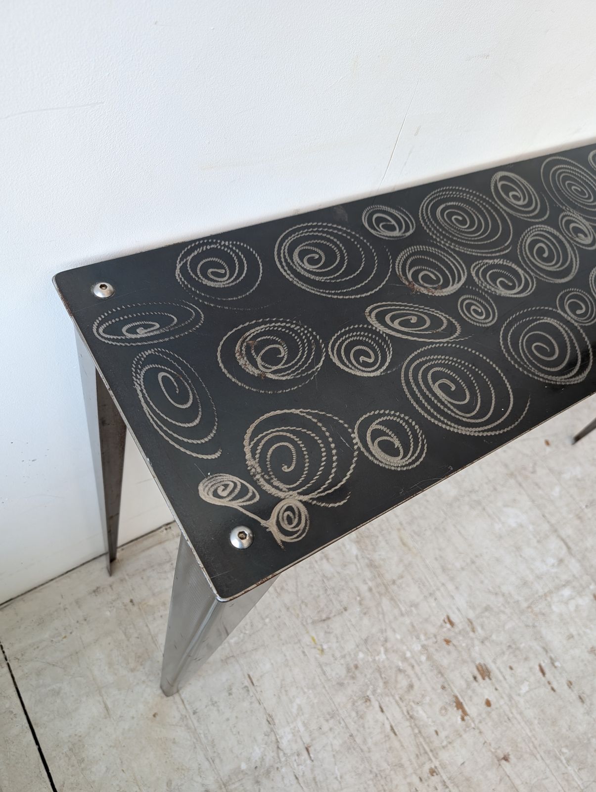 Super Stylish Postmodern American Steel Console With Spiral Squiggle Design 1980s / 1990s photo for sale