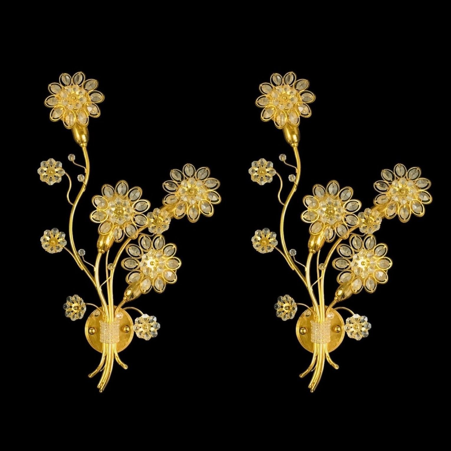 Pair Of Extra Large Mid Century Gilt Brass & Crystal Flower Shape Wall Lights From Palwa, Germany, 1960s/1970s