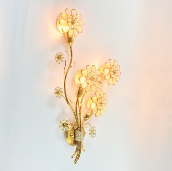 Pair Of Extra Large Mid Century Gilt Brass & Crystal Flower Shape Wall Lights From Palwa, Germany, 1960s/1970s photo 2200.0