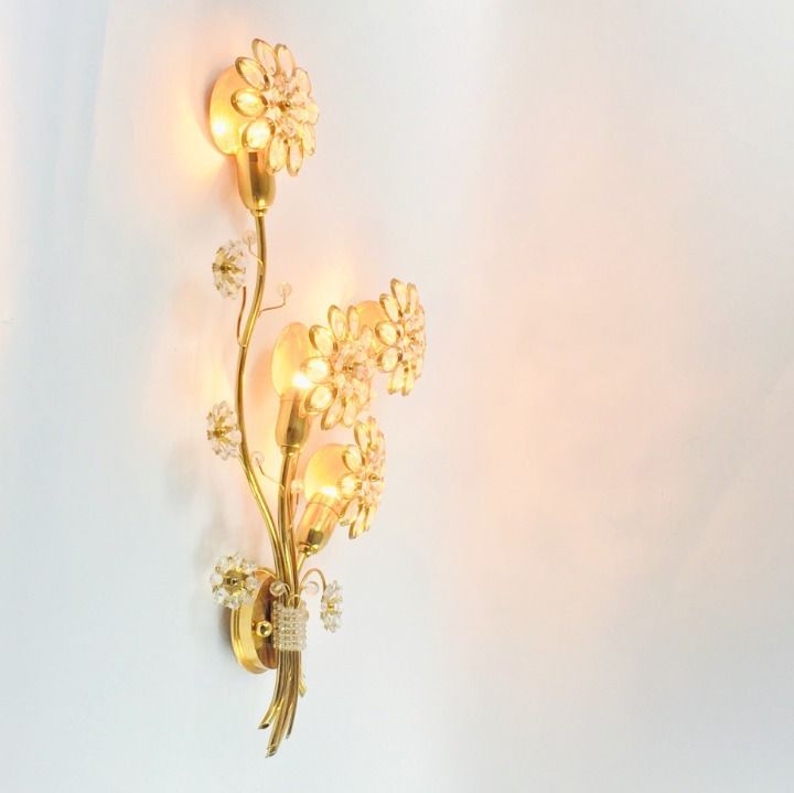 Pair Of Extra Large Mid Century Gilt Brass & Crystal Flower Shape Wall Lights From Palwa, Germany, 1960s/1970s photo vinterior