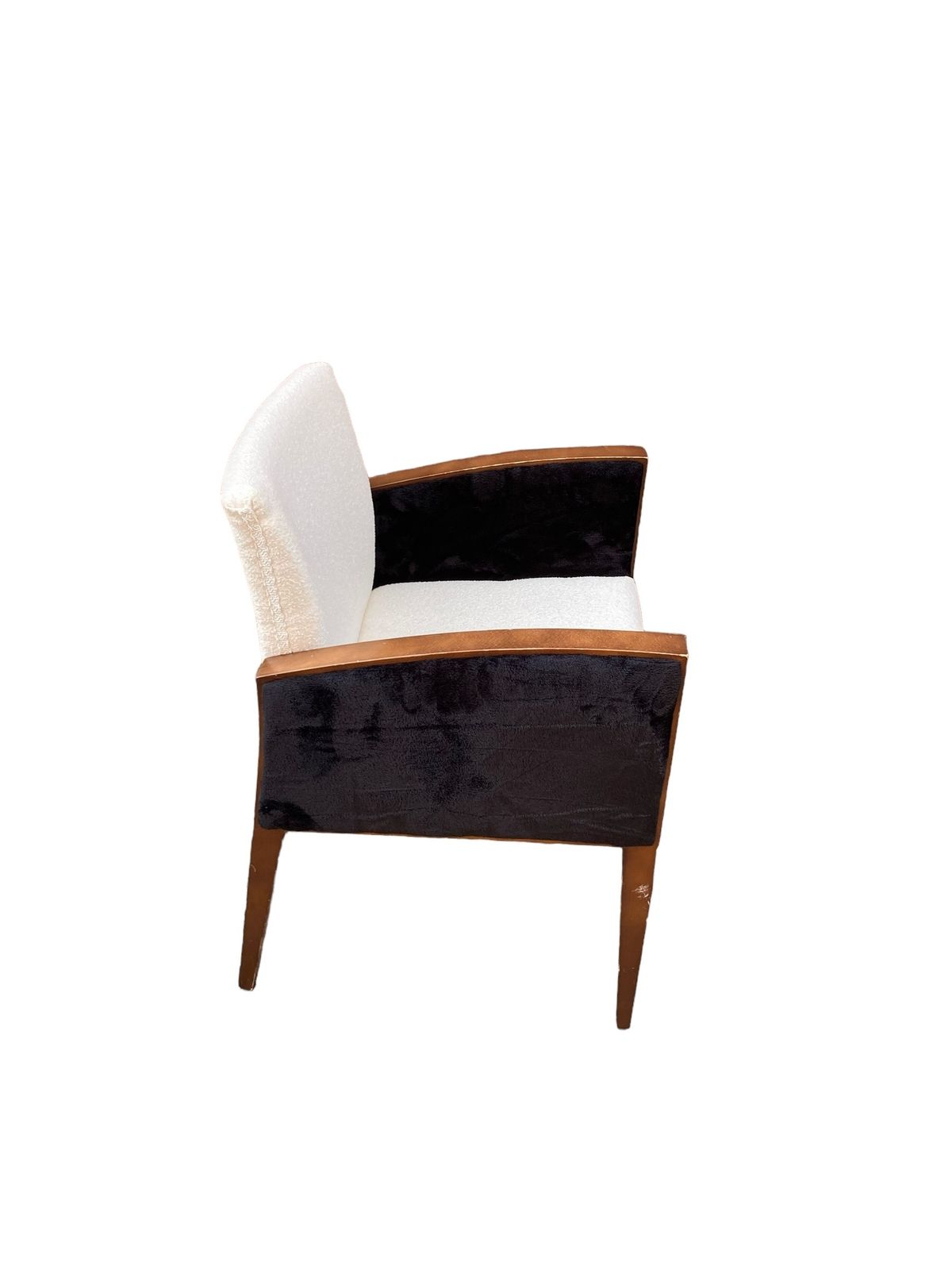 A Pair Of Art Deco Style Armchairs, Reupholsterd In White Boucle Fabric, Black Velvet Sides photo furniture
