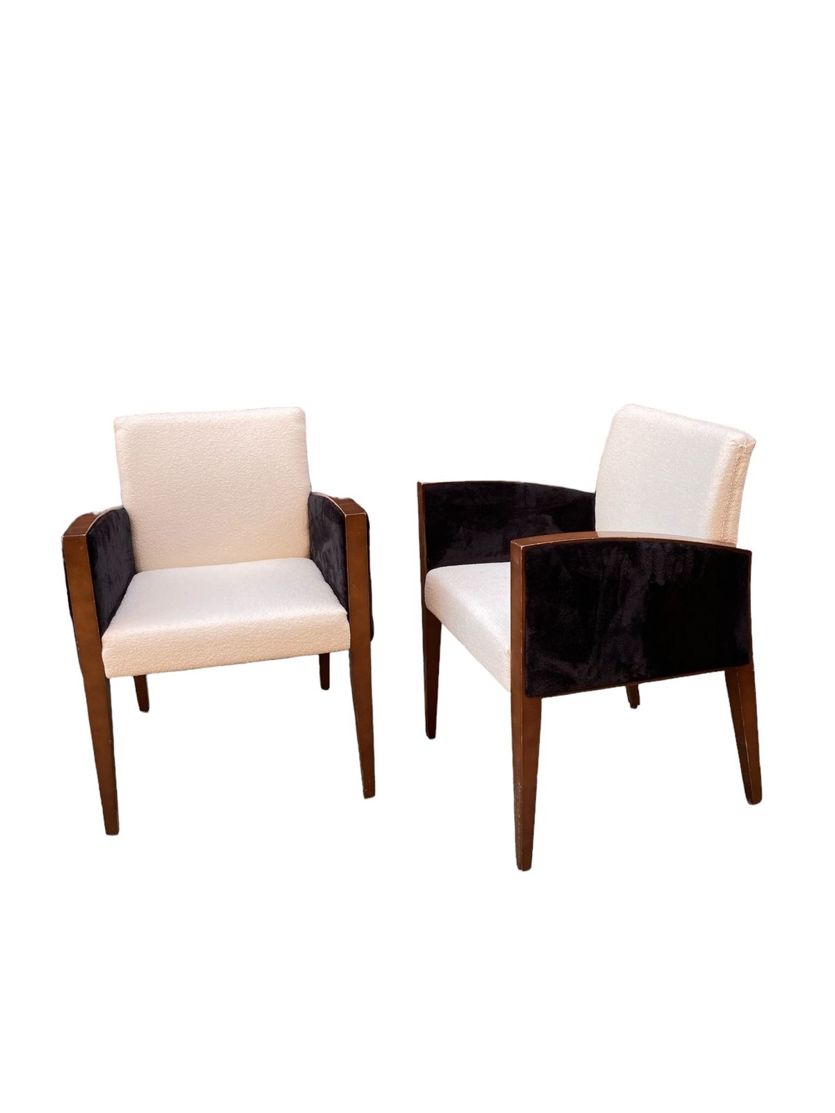 A Pair Of Art Deco Style Armchairs, Reupholsterd In White Boucle Fabric, Black Velvet Sides photo for sale