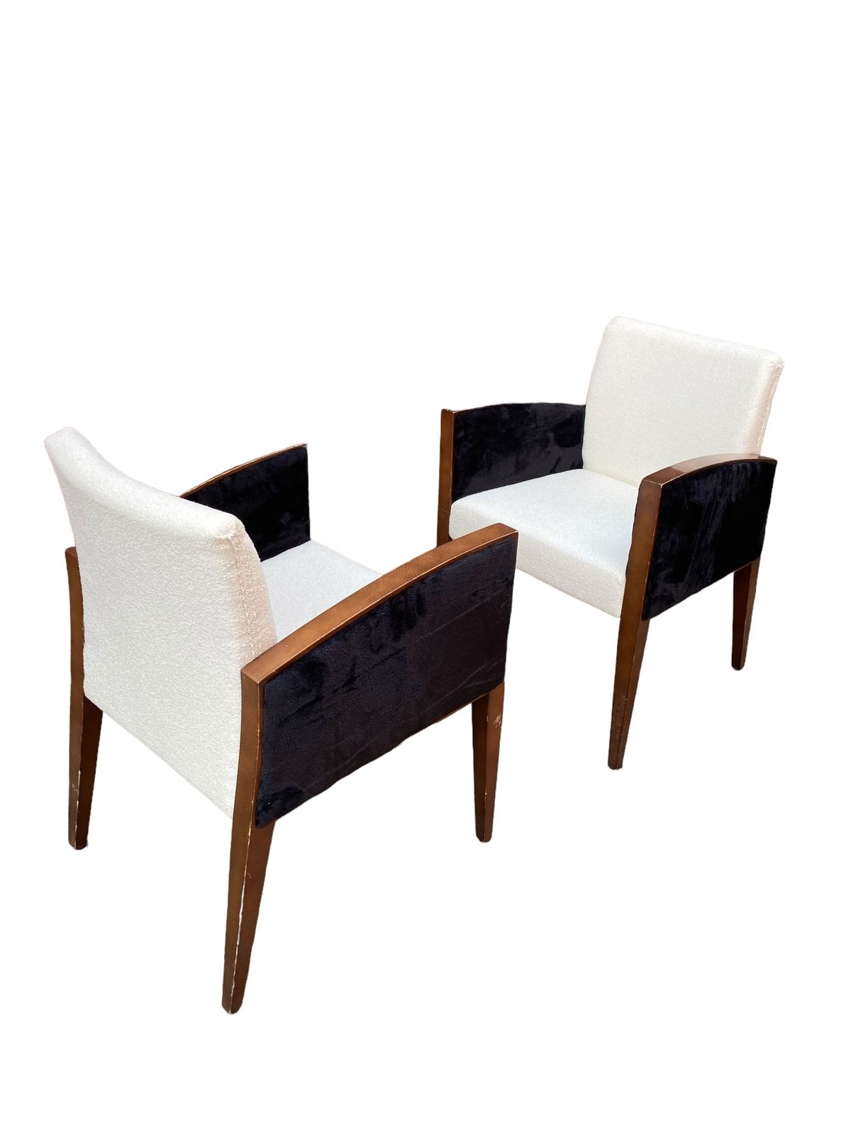 A Pair Of Art Deco Style Armchairs, Reupholsterd In White Boucle Fabric, Black Velvet Sides photo buy