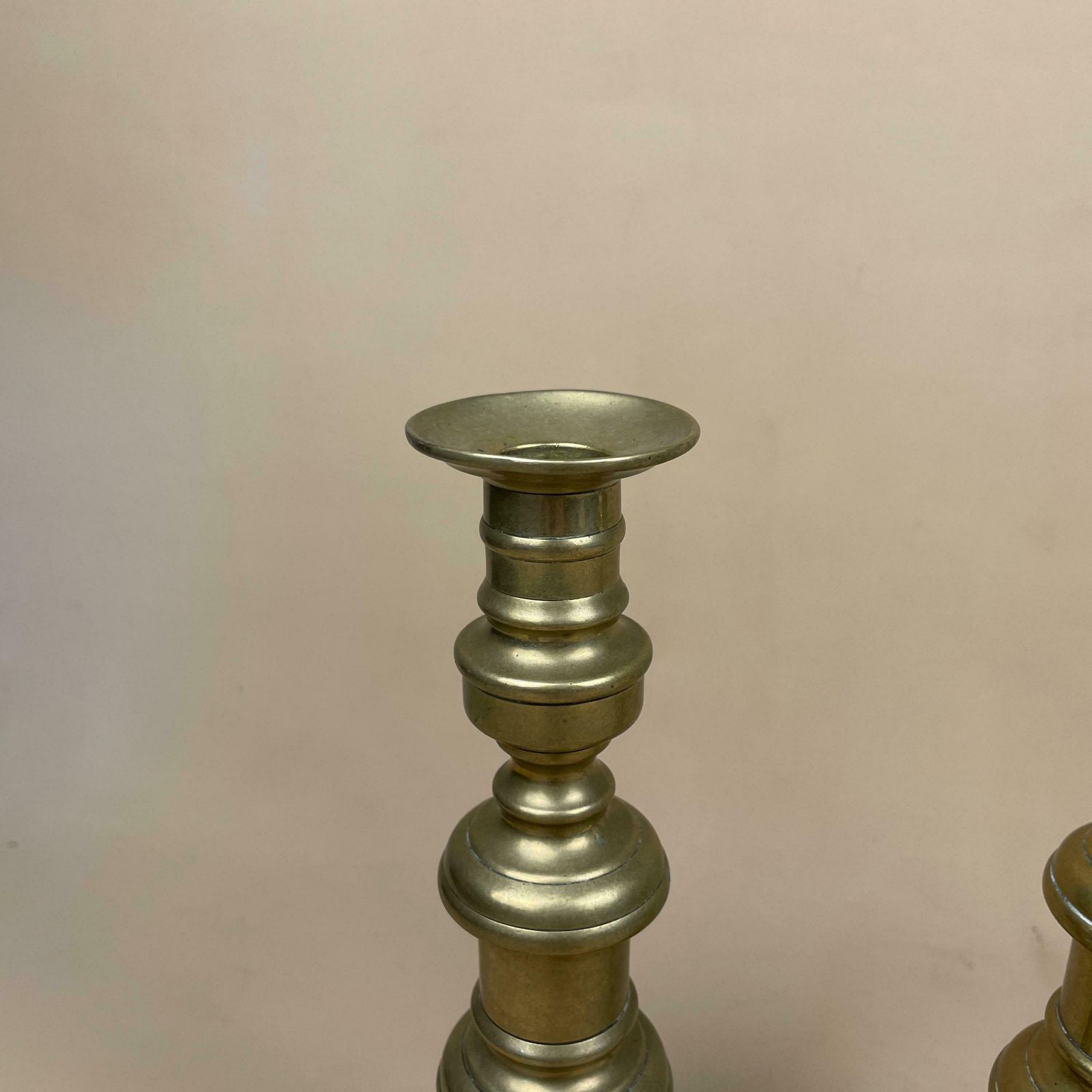 Antique Matching Pair Of Gold Brass Metal Candlestick Candle Stick Vintage Column Taper Dinner Candlesticks Rectangle Base Column Pillar photo for sale