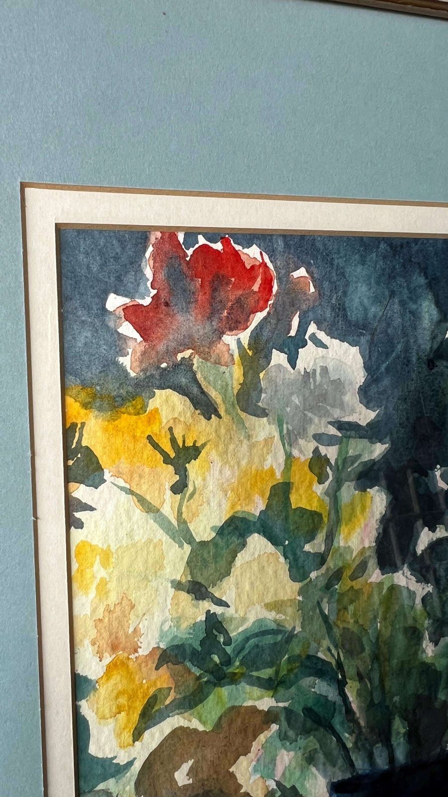 Original Mid Century Watercolour Still Life Floral Painting   The Blue Vase photo for sale