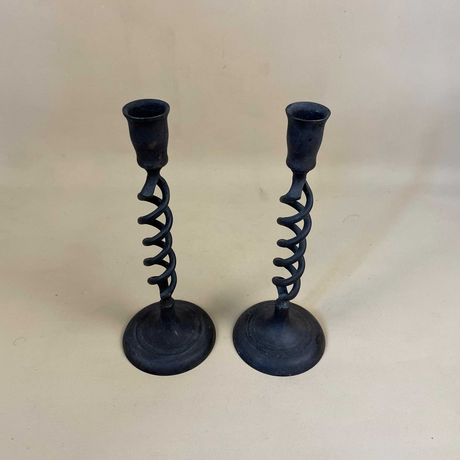 Antique Matching Pair Of Black Metal Candlestick Candle Stick Vintage Column Taper Dinner Candlesticks Twisted Twist Round Base Rustic