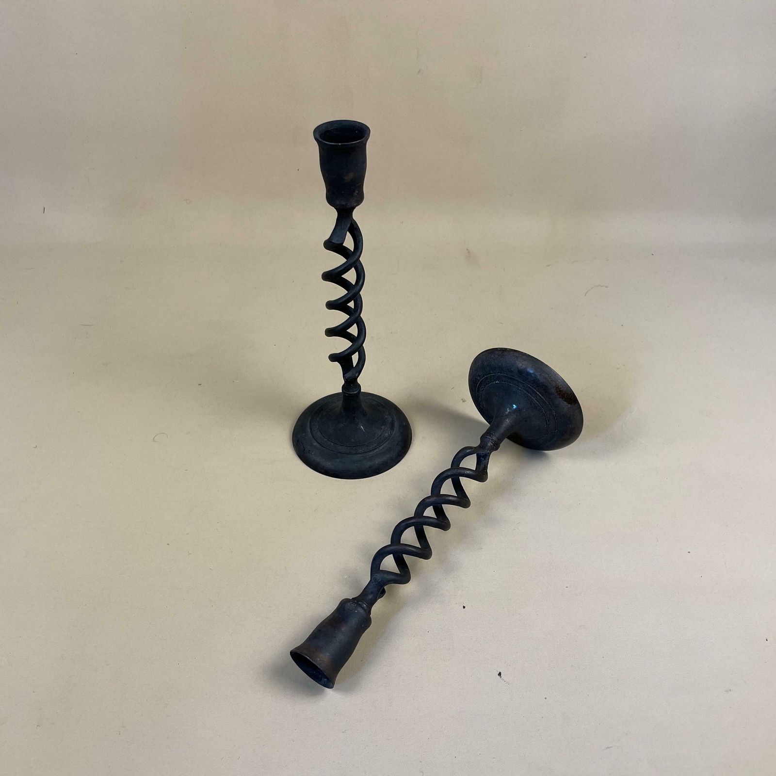 Antique Matching Pair Of Black Metal Candlestick Candle Stick Vintage Column Taper Dinner Candlesticks Twisted Twist Round Base Rustic photo furniture