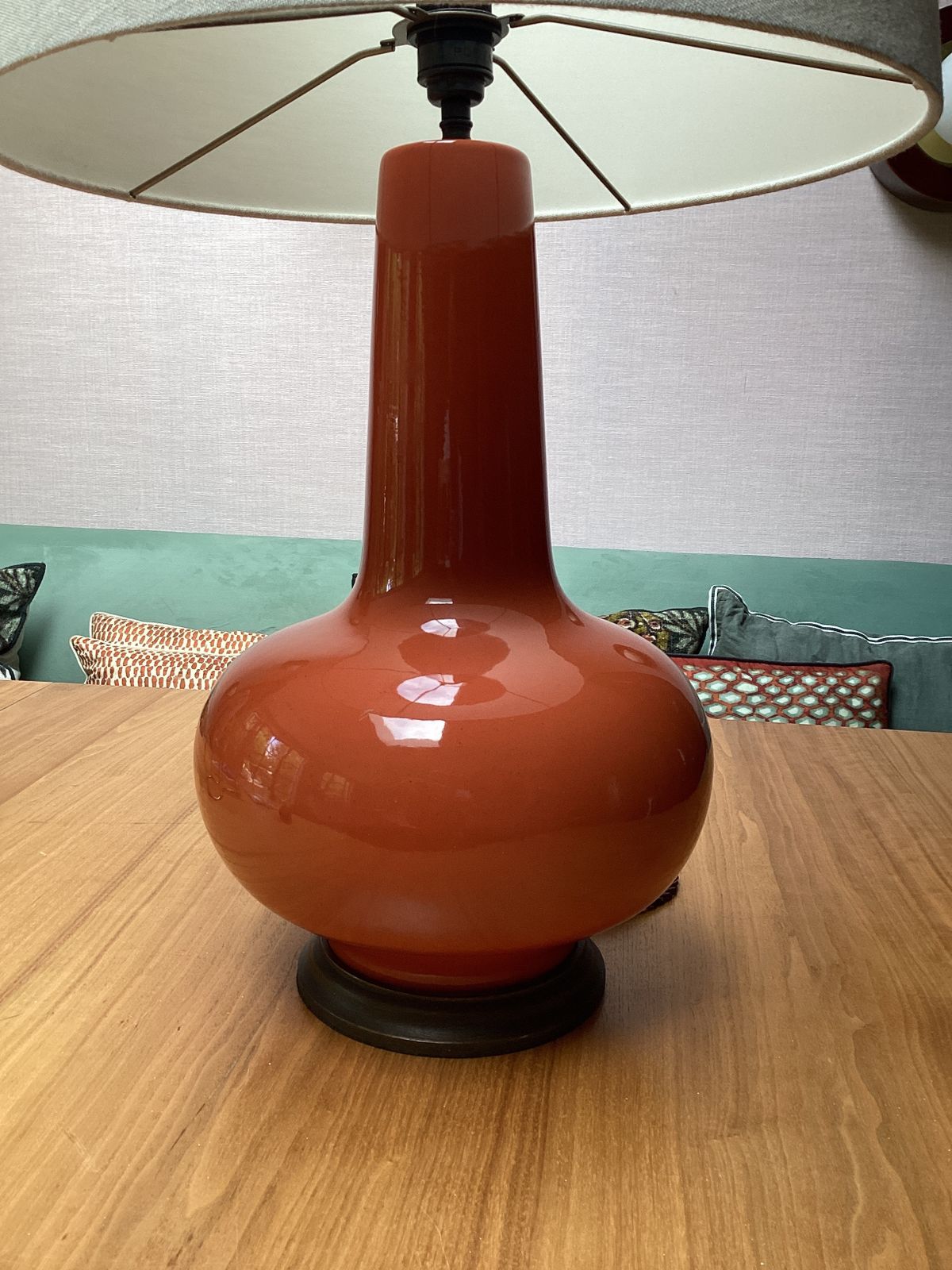 Porta Romana, Sybil Table Lamp In Paprika With Cream Card, Natural Linen Shade photo furniture