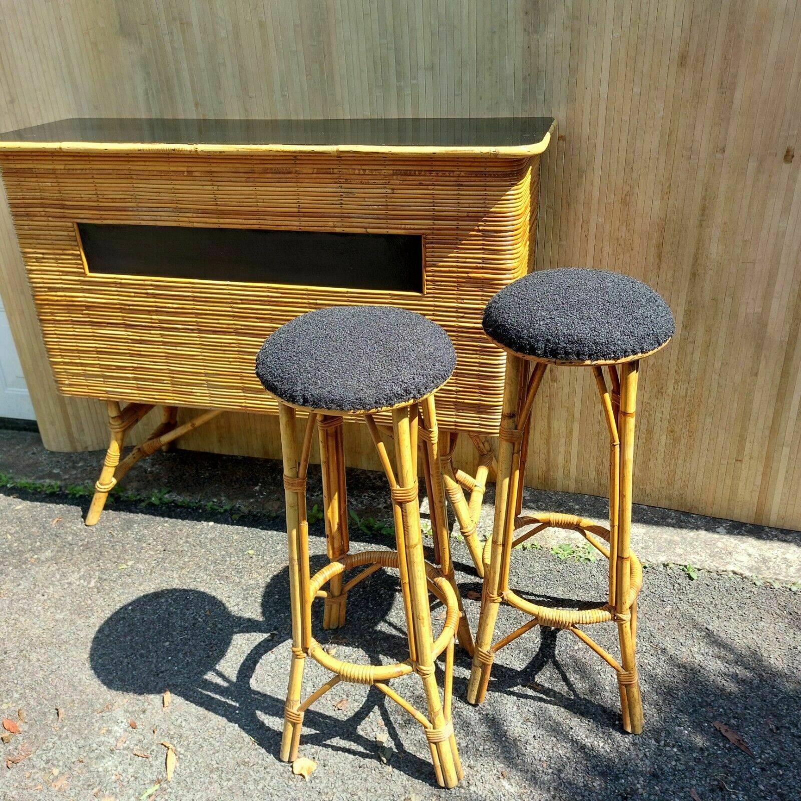 Fab Retro Vintage Bamboo Tiki Italian ? Cocktail Bar Home Bar W/ Matching Stools photo furniture