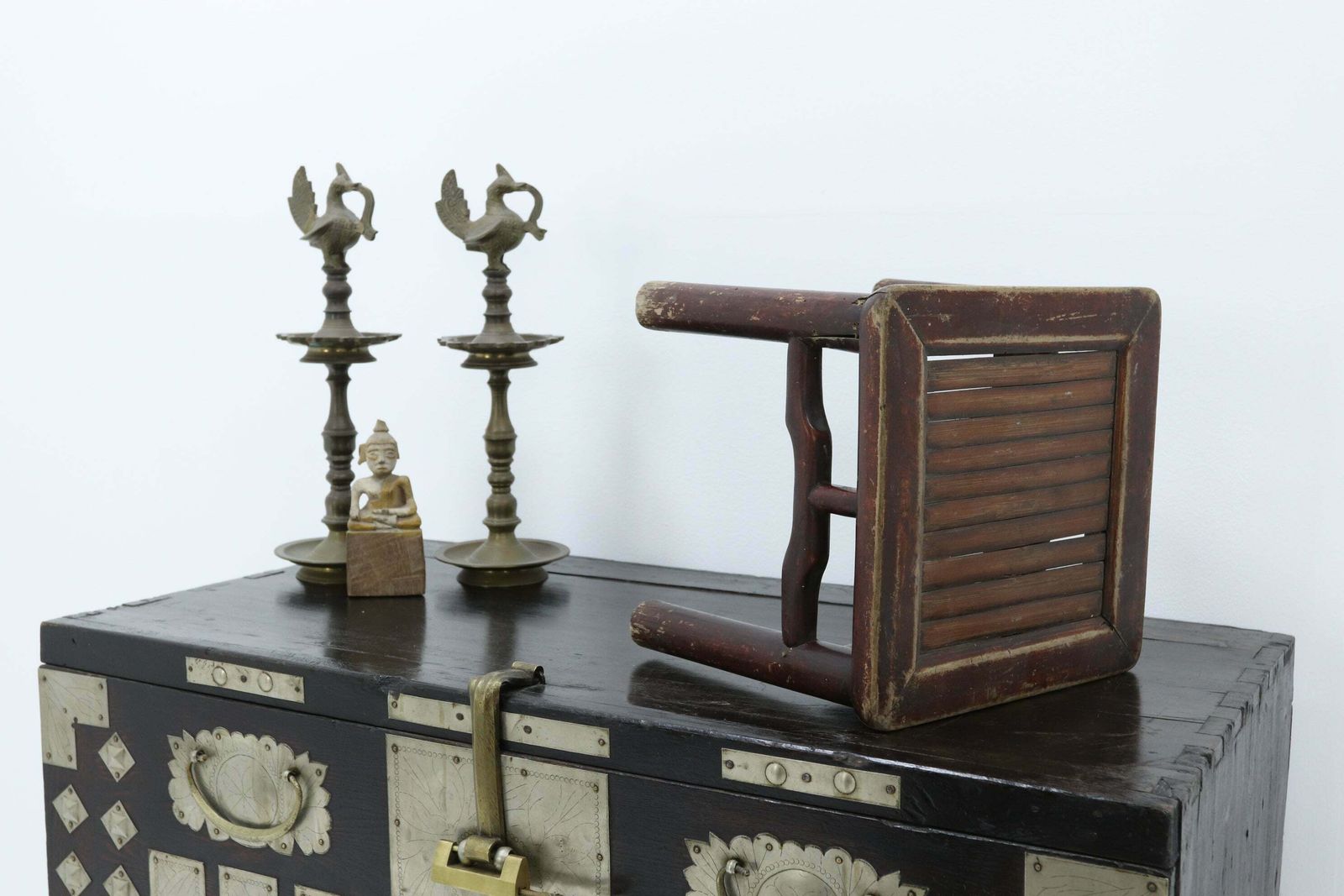 Small Chinese Wooden Stool With Bamboo Seat   C19th (4) photo for sale