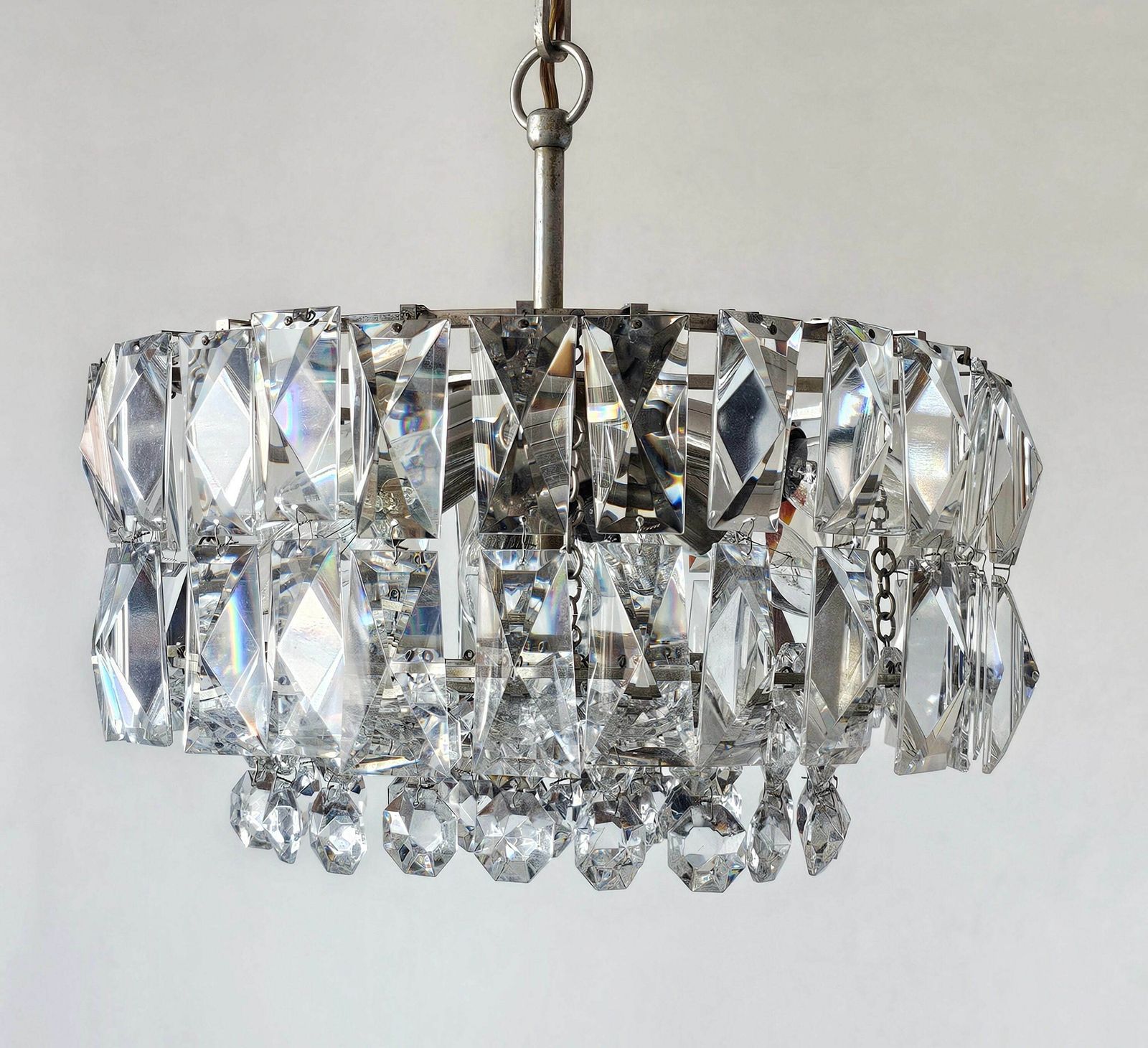 1 Of 3 Mid Century Modern Nickel Plated Crystal Chandelier By Bakalowits And Sohne // Made In Austria In 1960s