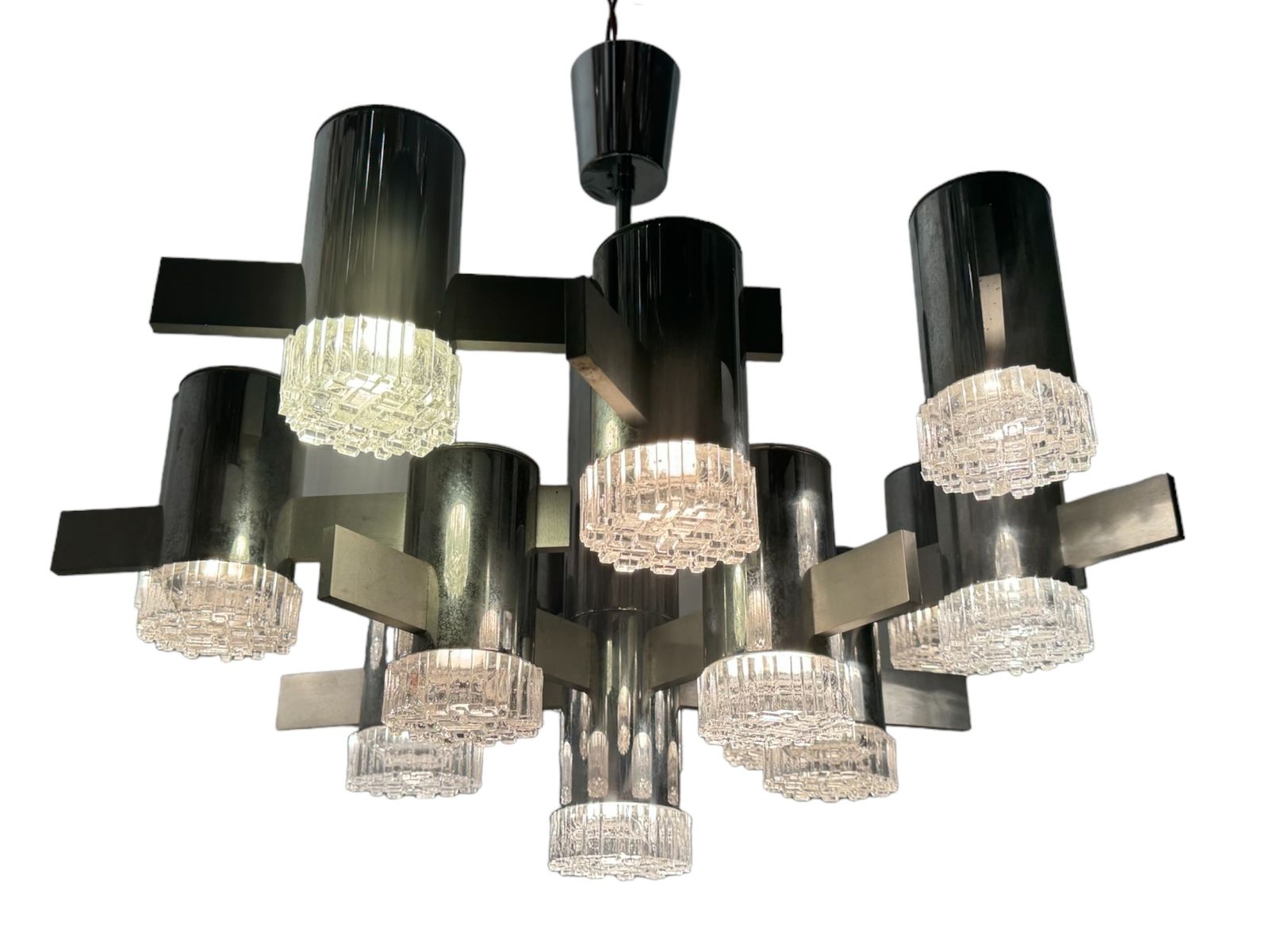 Large Italian Midcentury Chrome Crystal Chandelier 15 Lights