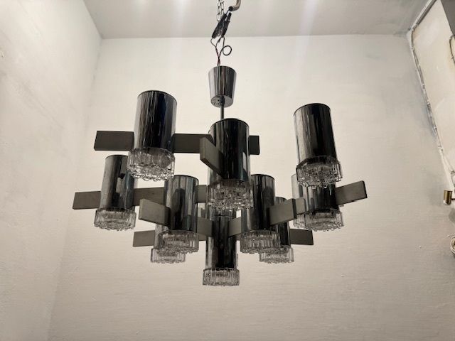 Large Italian Midcentury Chrome Crystal Chandelier 15 Lights photo vintage