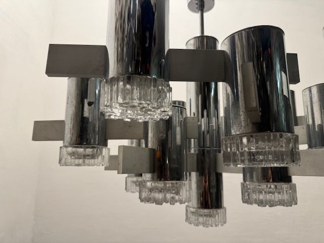 photo furniture Large Italian Midcentury Chrome Crystal Chandelier 15 Lights