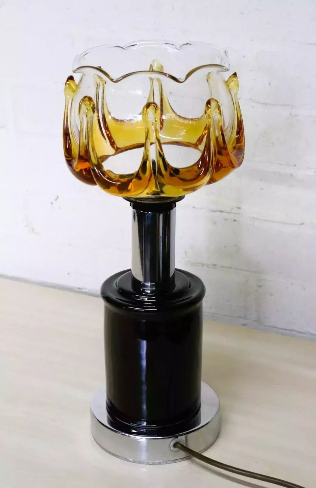 Vintage Table Lamp Italian Retro Lamp & Glass Lampshade 1970's Mid Century Mod. photo vinterior