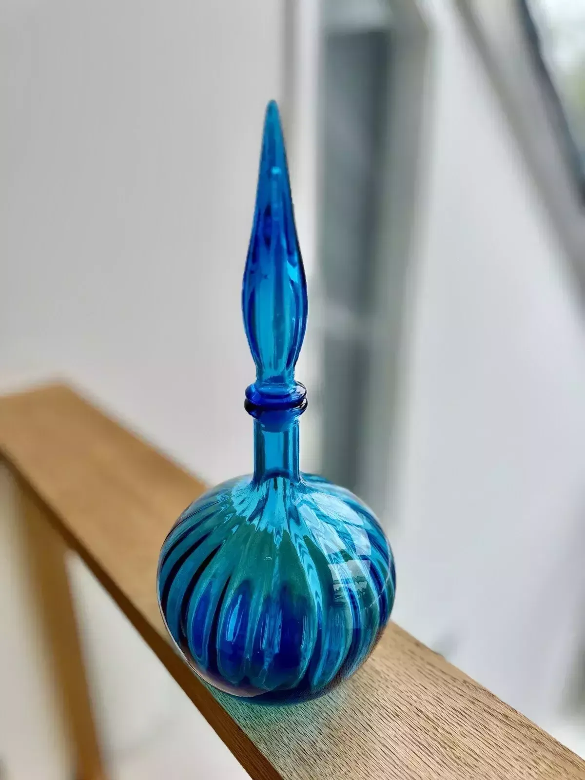 Stunning 1960’s Blue Empoli Glass Onion Shaped Genie Bottle Made In Italy photo furniture