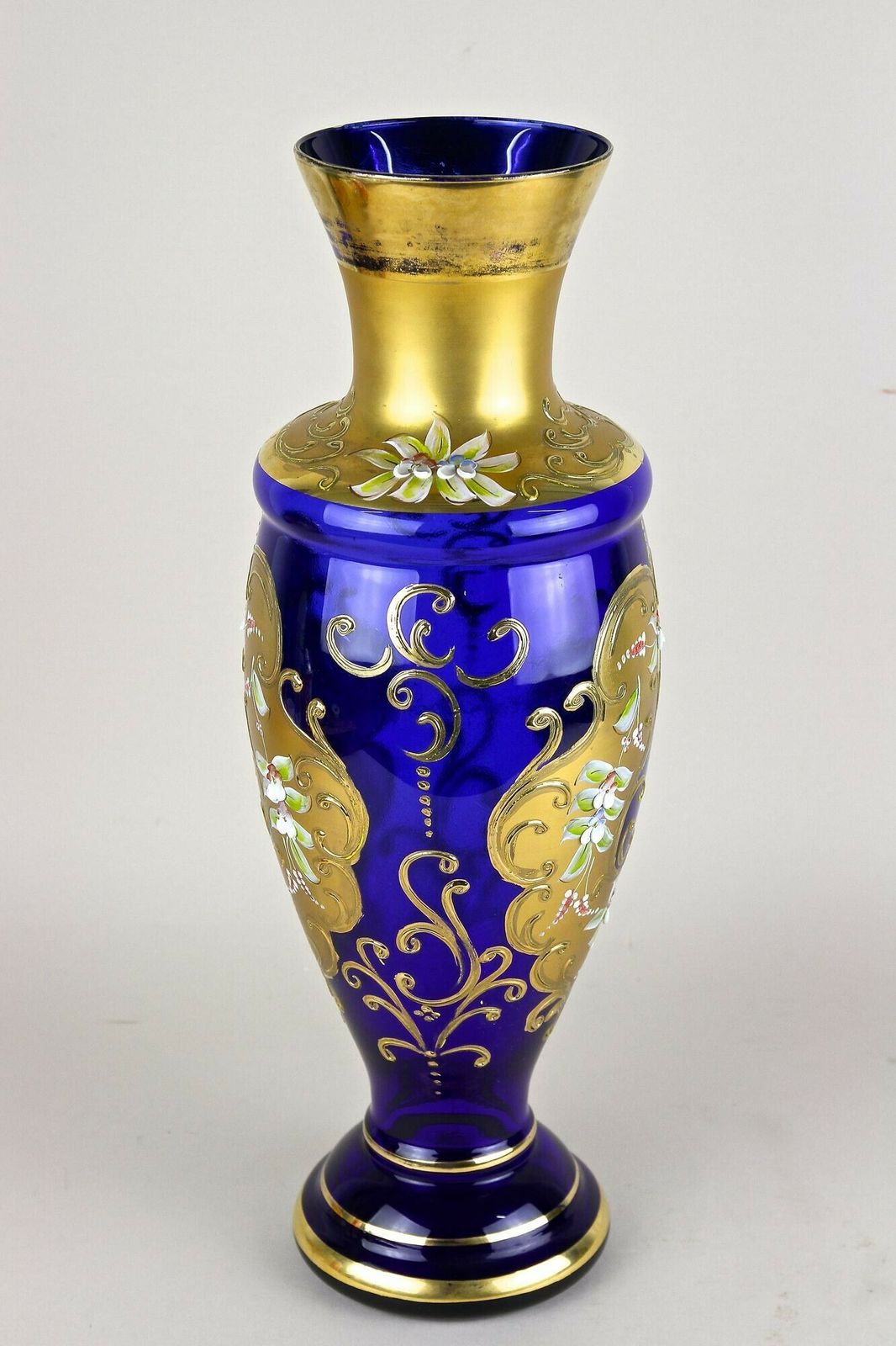 photo for sale 19th Century Cobalt Blue Gilt Glass Vase With Enamel Paintings, Cz Ca. 1890