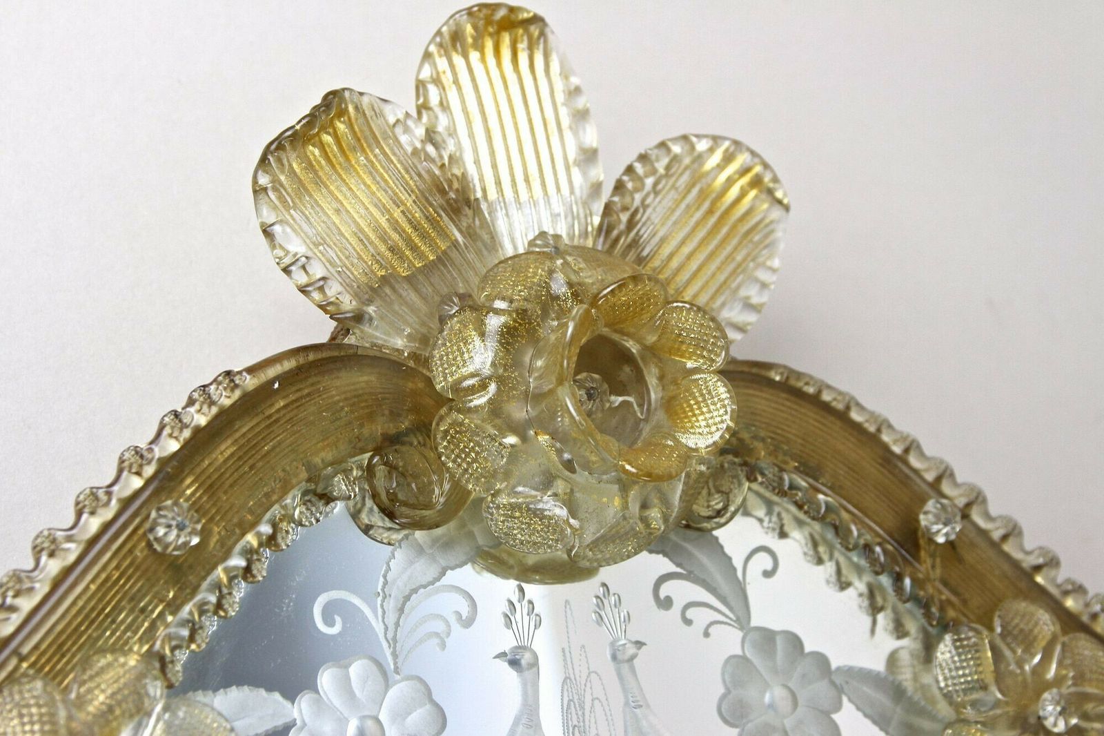 Mid Century Murano Glass Wall Mirror With Gilt Glass Flowers, It Ca. 1950 photo 3850.0