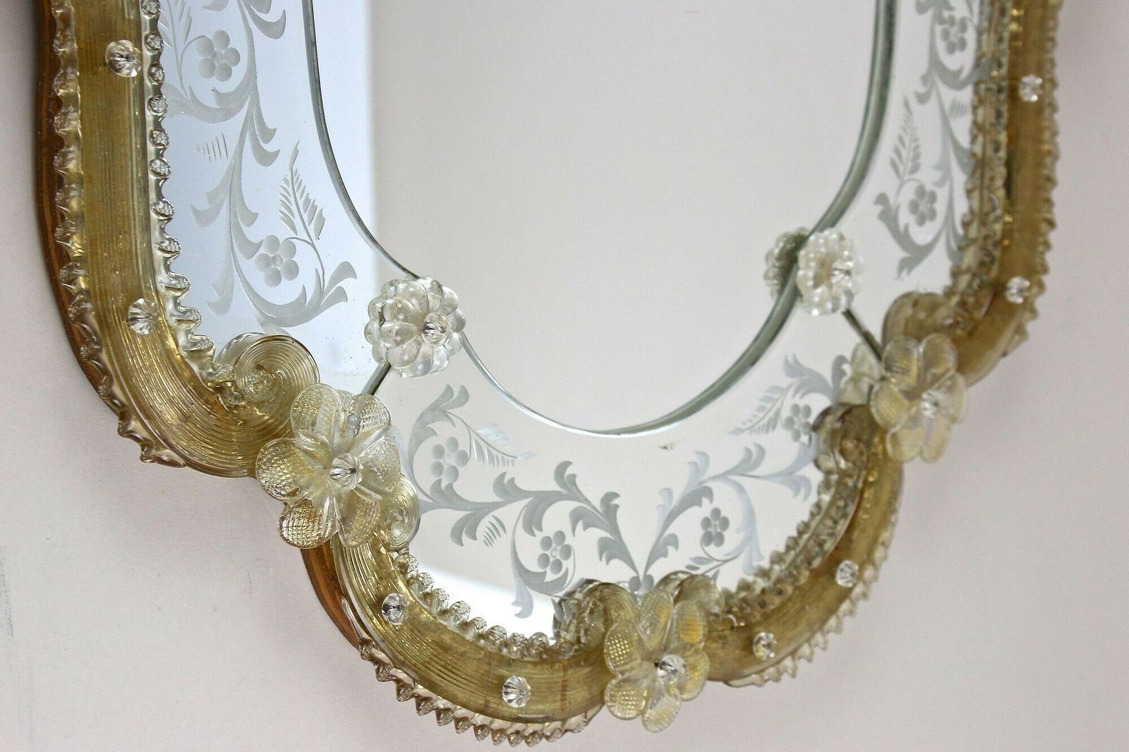 Mid Century Murano Glass Wall Mirror With Gilt Glass Flowers, It Ca. 1950 photo buy