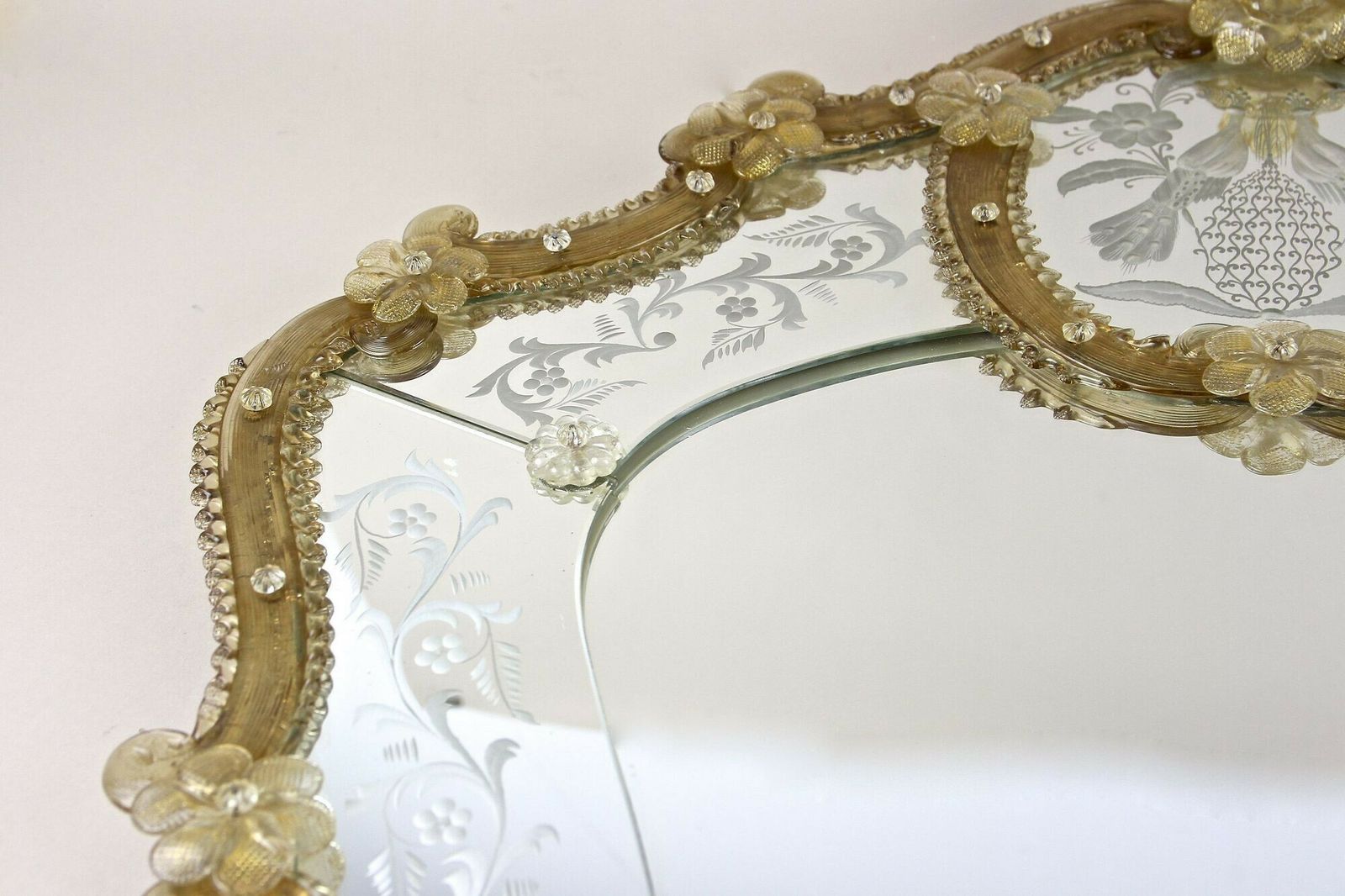 Home Decor Mid Century Murano Glass Wall Mirror With Gilt Glass Flowers, It Ca. 1950 photo