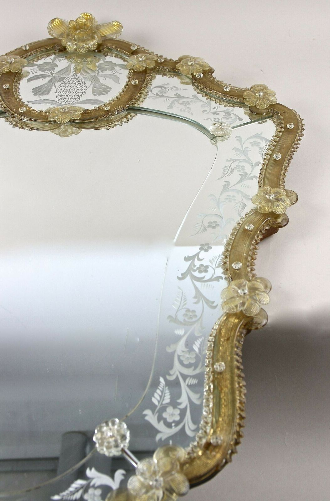 photo buy Mid Century Murano Glass Wall Mirror With Gilt Glass Flowers, It Ca. 1950