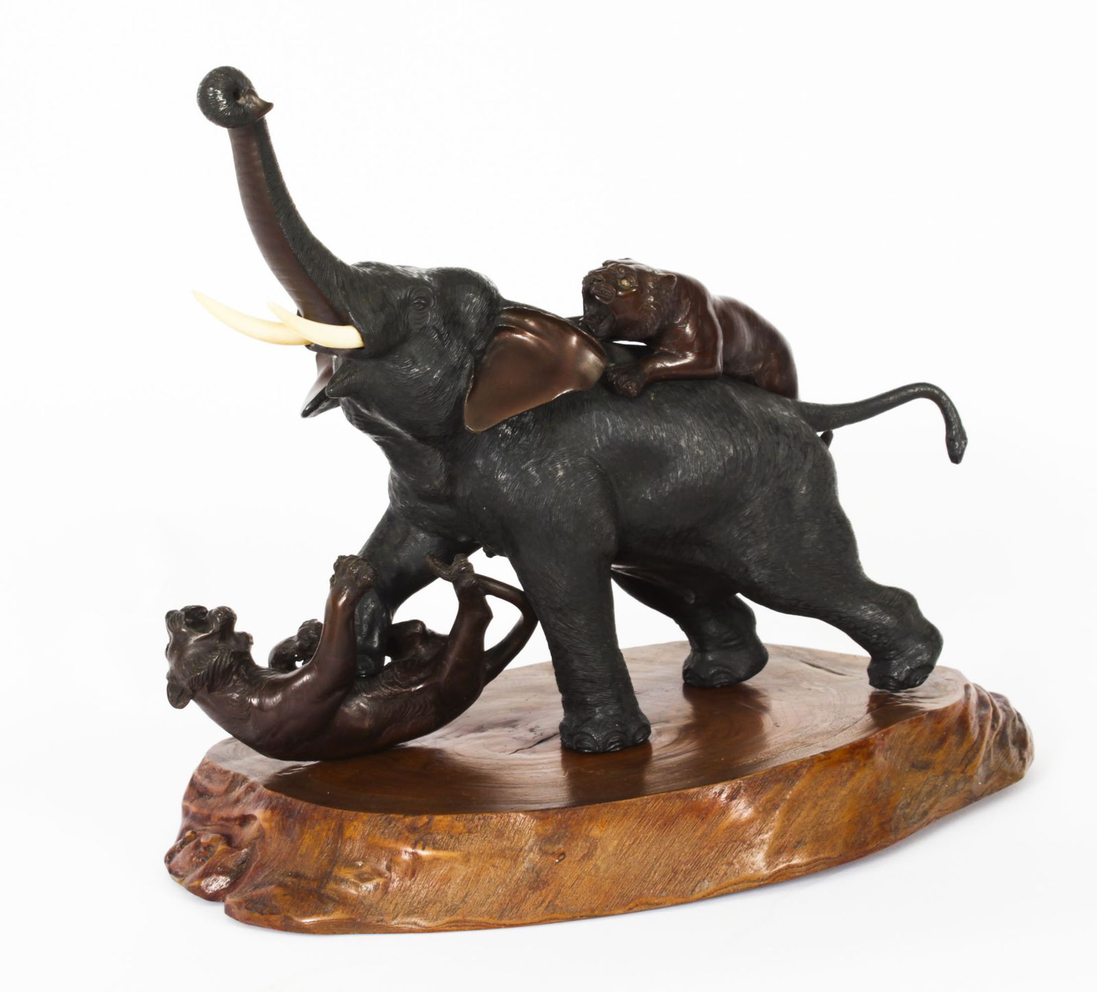 Antique Large Japanese Bronze Elephant & Tigers  Meiji Period  19th C photo furniture