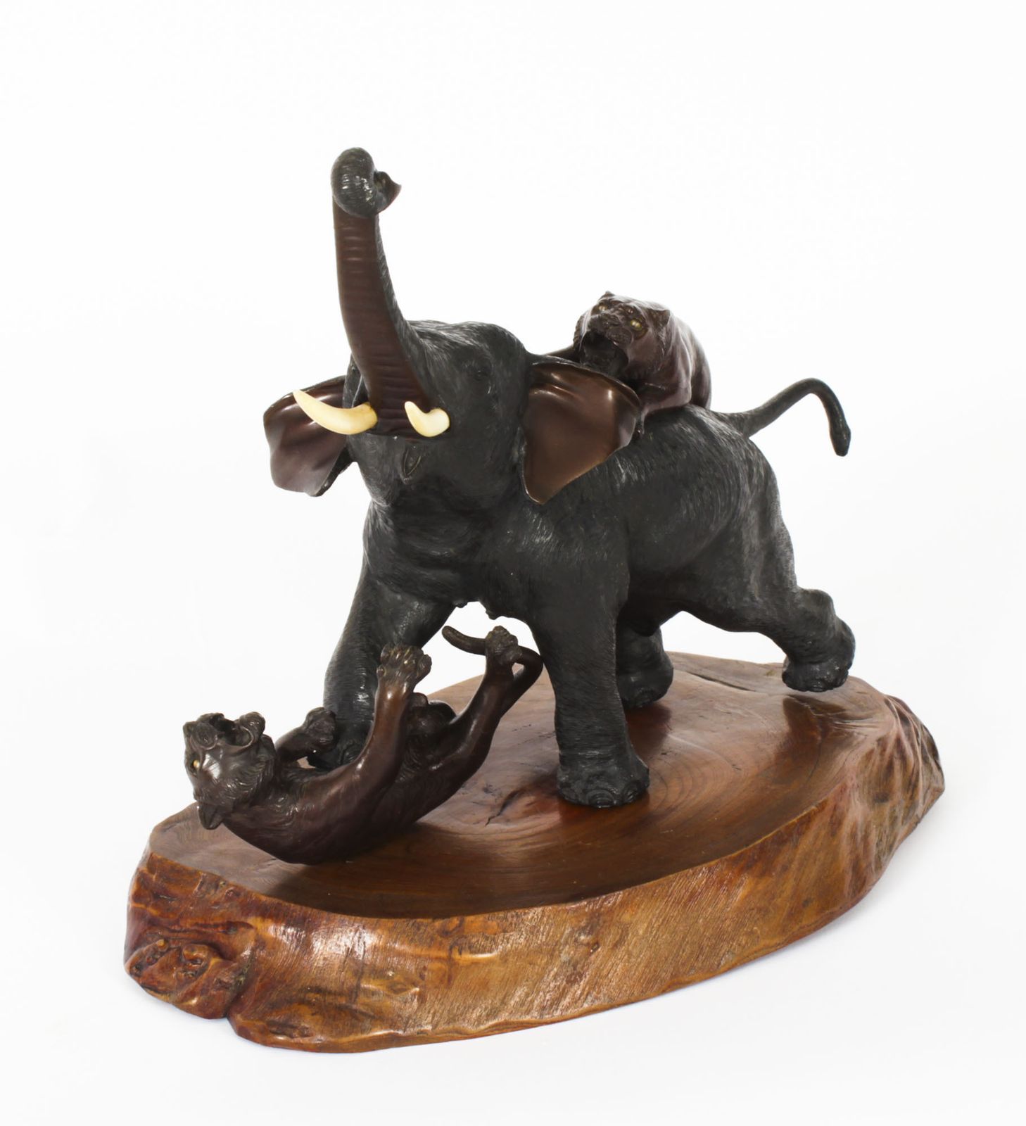 Home Decor Antique Large Japanese Bronze Elephant & Tigers  Meiji Period  19th C photo