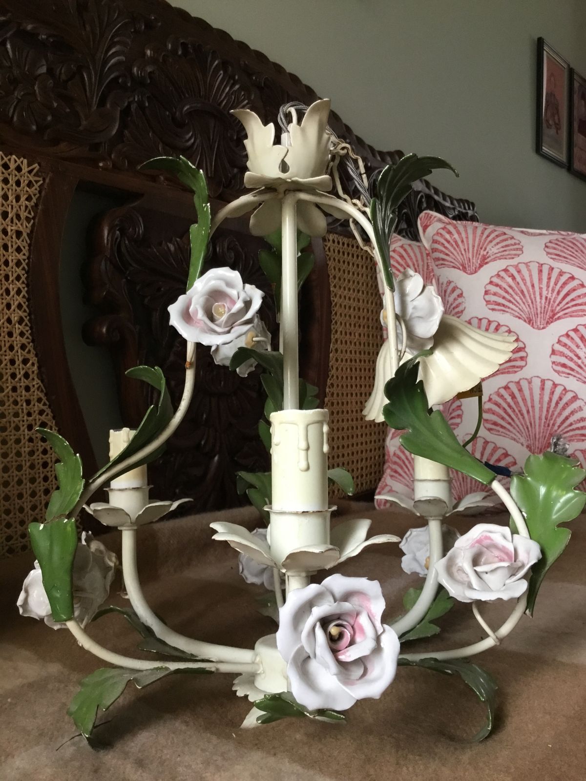 Italian Tole Peinte Chandelier With Porcelain Roses
