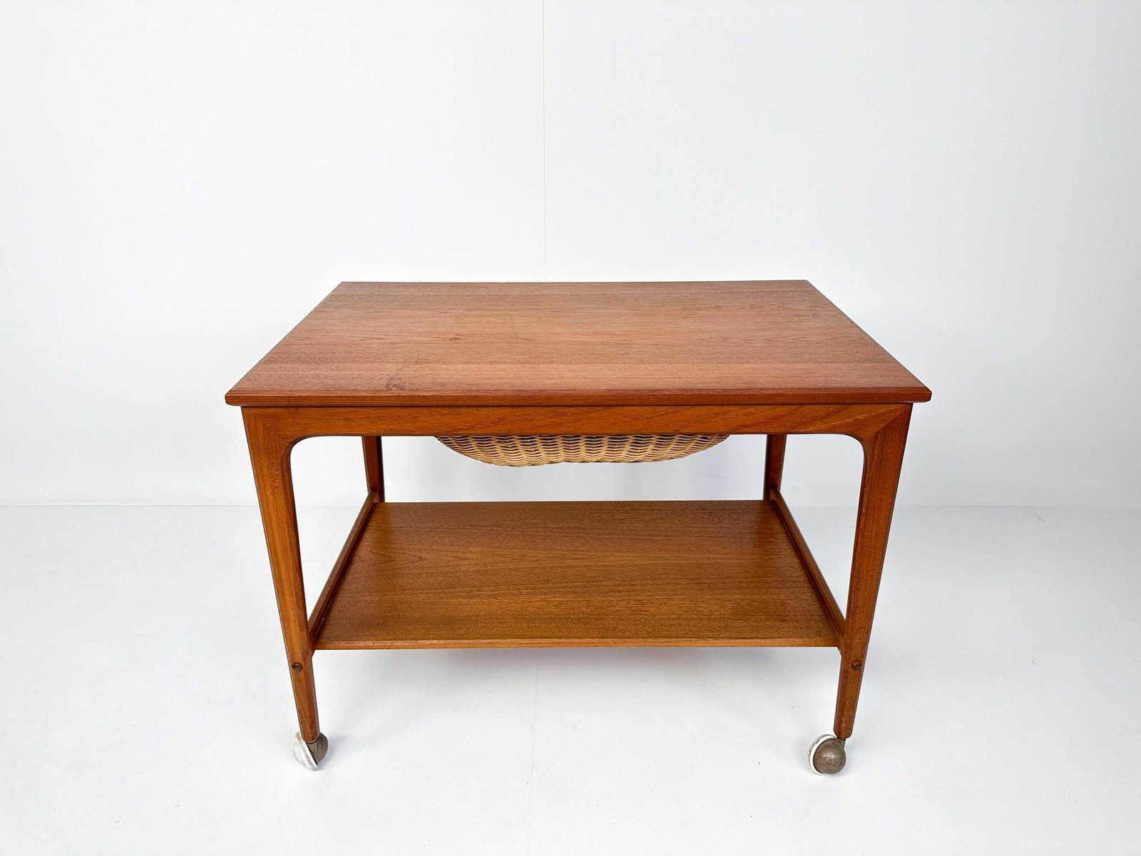 Mid Century Teak Sewing Table Or Bar Cart With Slide Out Basket photo furniture
