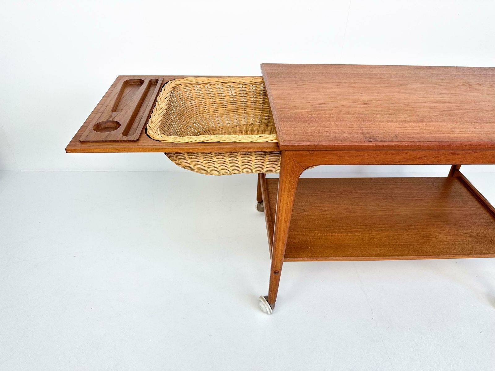 Mid Century Teak Sewing Table Or Bar Cart With Slide Out Basket photo vinterior