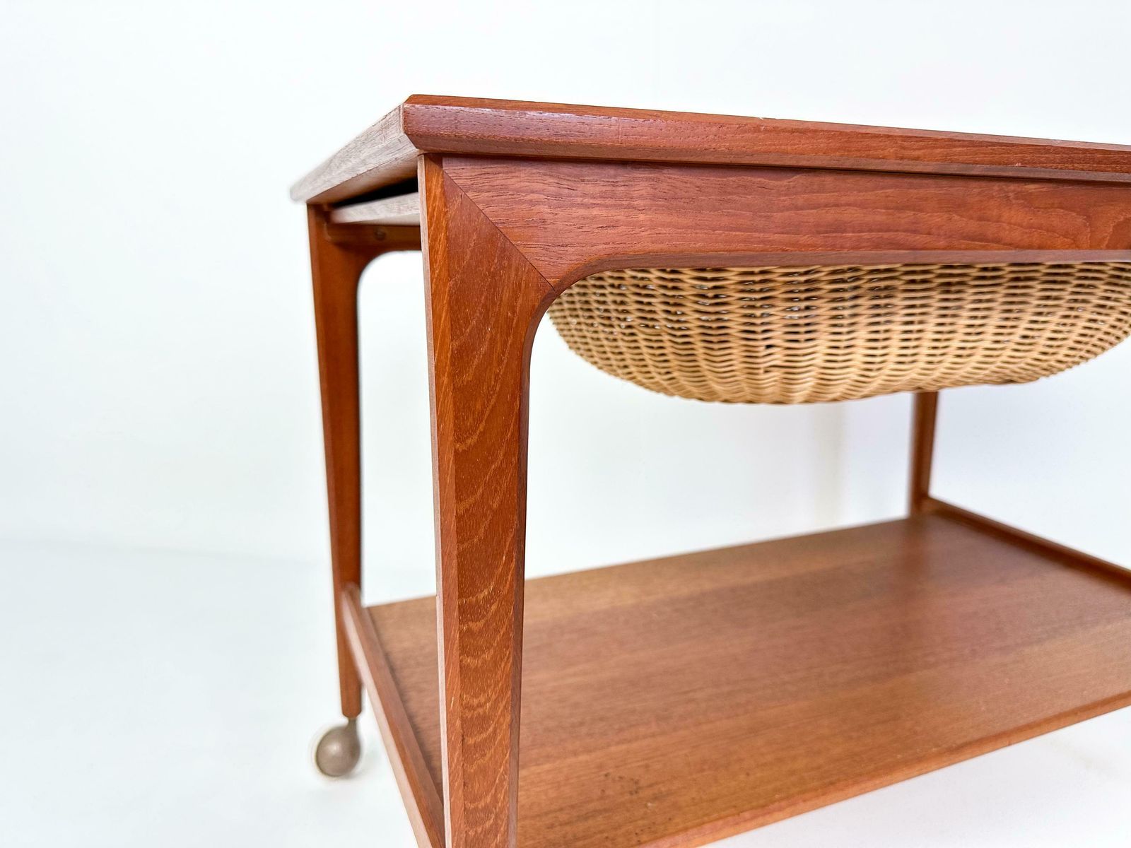 photo furniture Mid Century Teak Sewing Table Or Bar Cart With Slide Out Basket