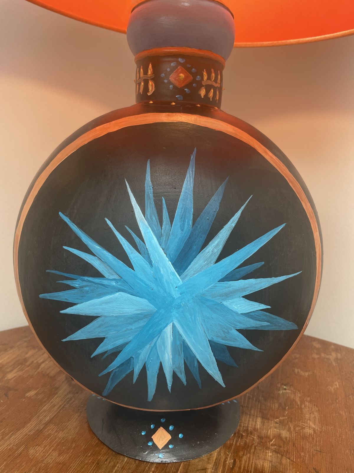 Hand Painted Metal Lamp By Elizabeth Van Amerongen, With Orange Shade photo for sale