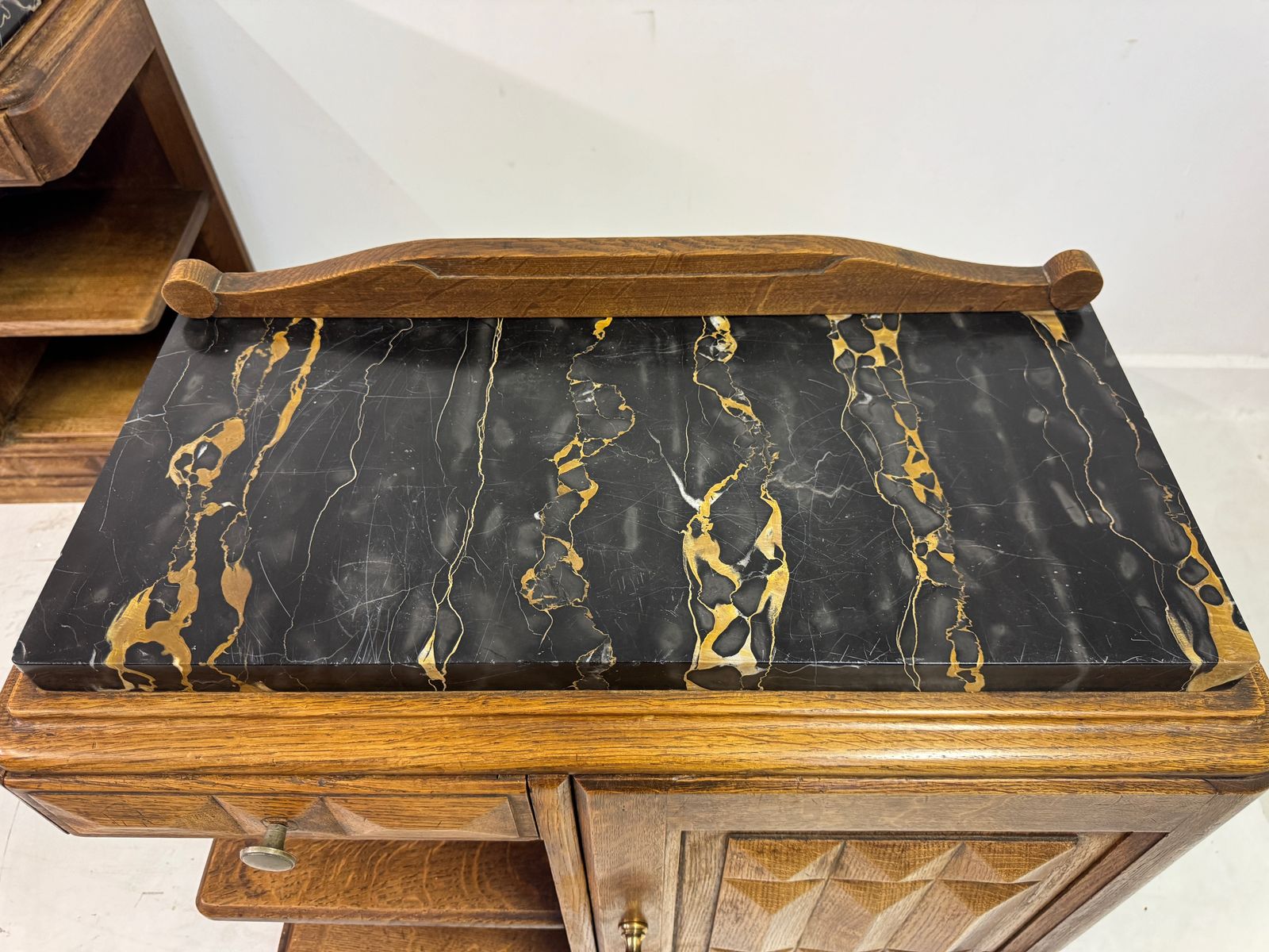 Pair Of French Oak Bedside Cabinets With Portoro Marble Tops photo furniture