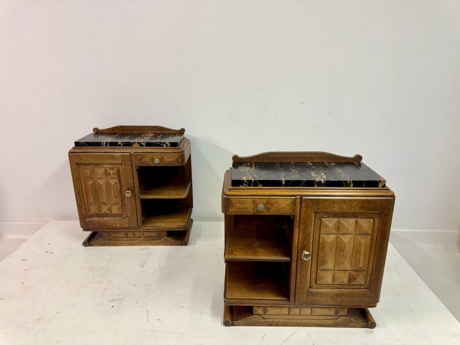 Pair Of French Oak Bedside Cabinets With Portoro Marble Tops photo Furniture