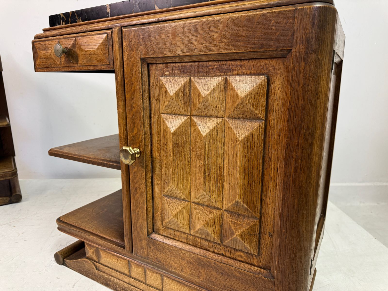Pair Of French Oak Bedside Cabinets With Portoro Marble Tops photo buy