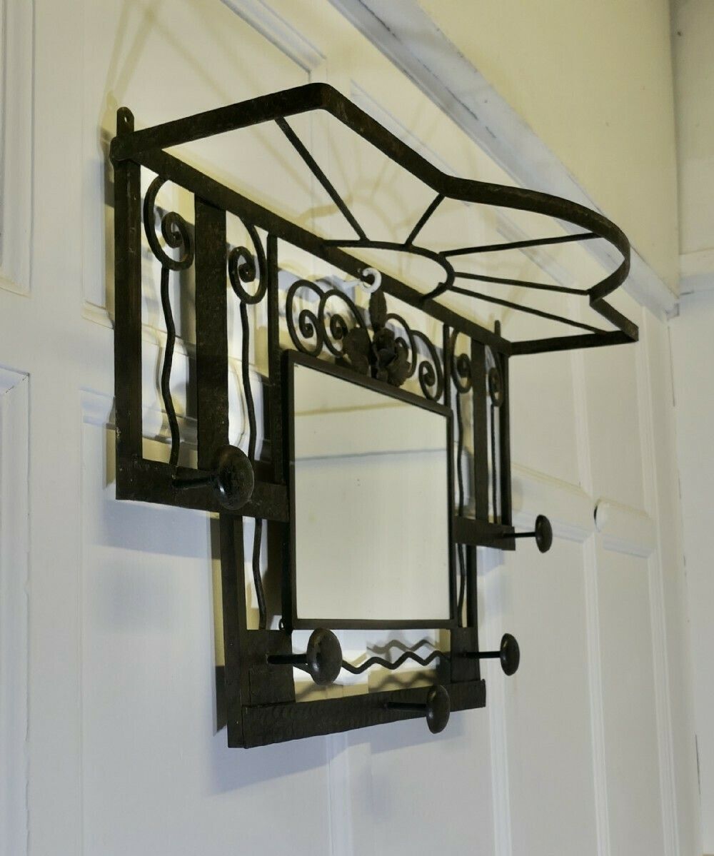 French Art Deco Iron Hat And Coat Rack With Shelf & Mirror, Industrial Style photo Furniture