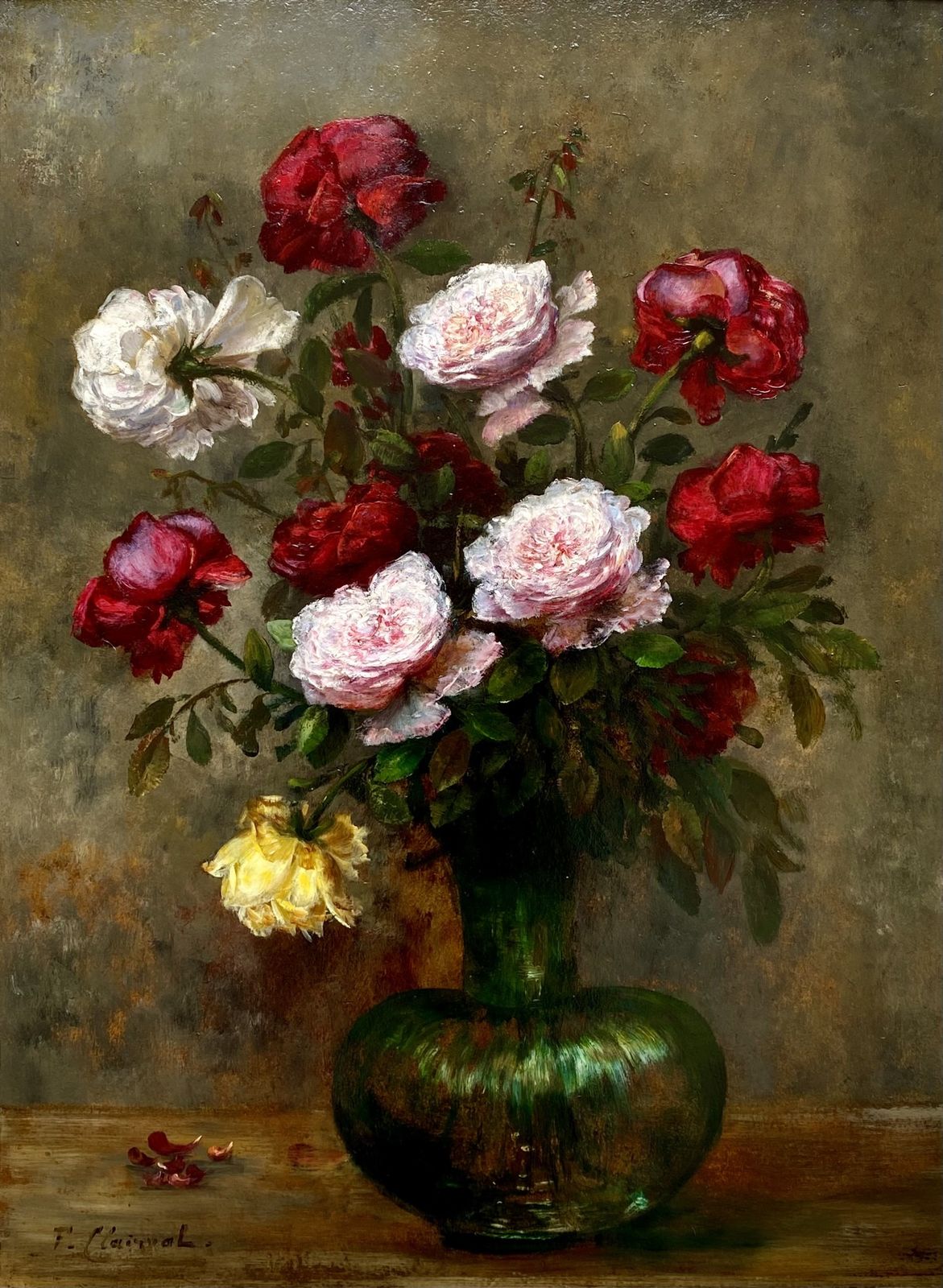 'Various Colourful Roses In A Glass Vase' By F. Clairval photo vintage