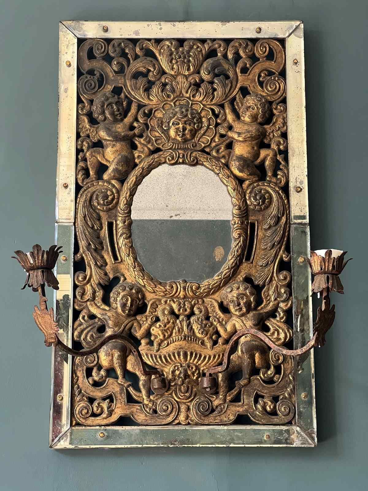 Rare Antique Venetian Girandole Mirror With Putti & Laurel Leaf Frame photo buy