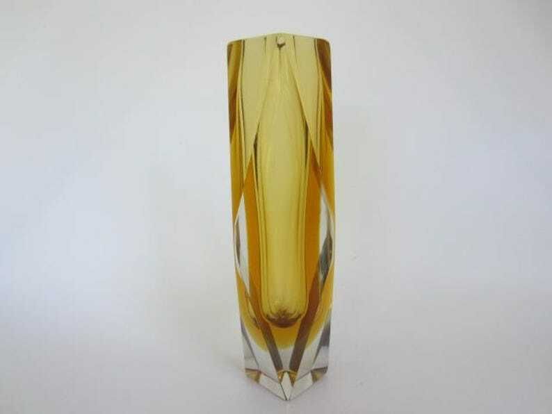 Murano Gold & Amber Sommerso Diamond Faceted Art Glass Vase photo furniture