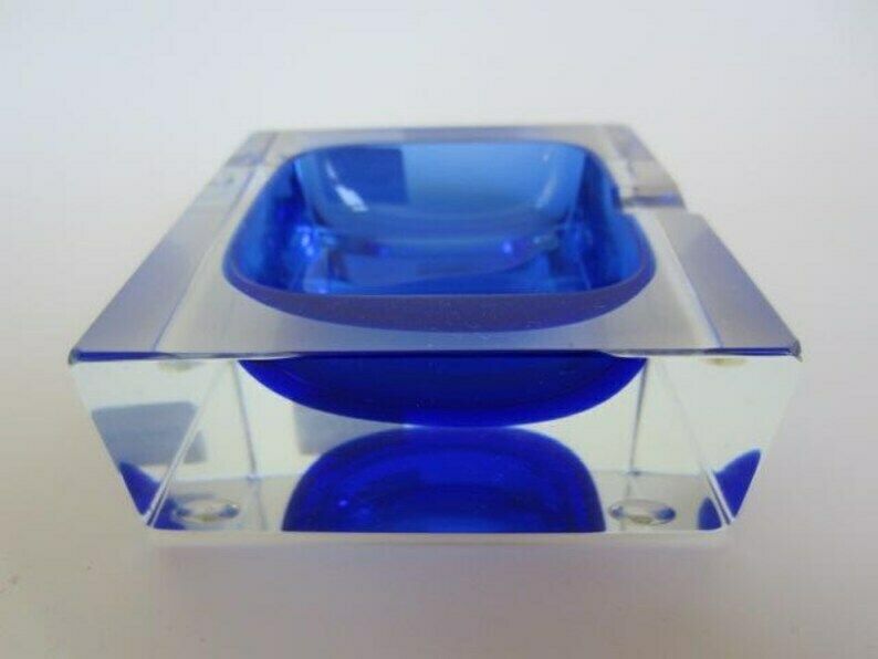 Blue Square Faceted Murano Art Glass Bowl Mandruzzato, Italy, Label. photo furniture