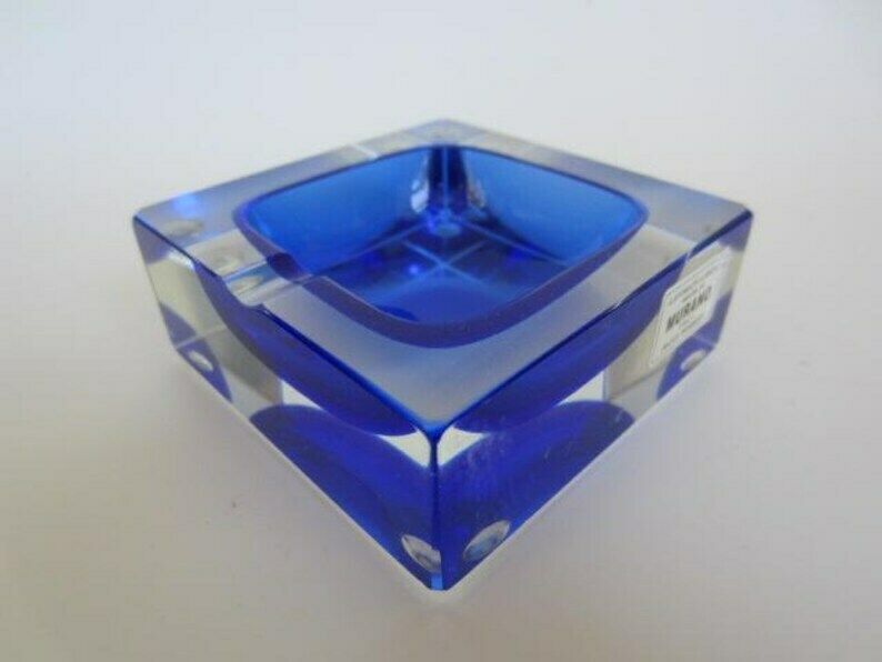 Blue Square Faceted Murano Art Glass Bowl Mandruzzato, Italy, Label. photo Home Decor