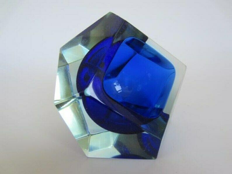 Murano Sommerso Art Glass Bowl Blue Blue Glowing Green Geometric Facet Prism Cut photo furniture