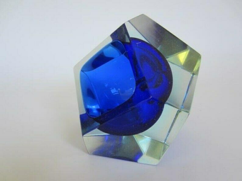 Murano Sommerso Art Glass Bowl Blue Blue Glowing Green Geometric Facet Prism Cut photo for sale