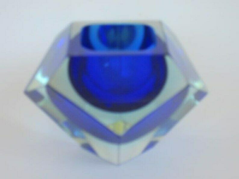 Murano Sommerso Art Glass Bowl Blue Blue Glowing Green Geometric Facet Prism Cut photo Home Decor