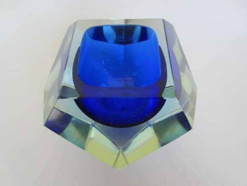 photo furniture Murano Sommerso Art Glass Bowl Blue Blue Glowing Green Geometric Facet Prism Cut