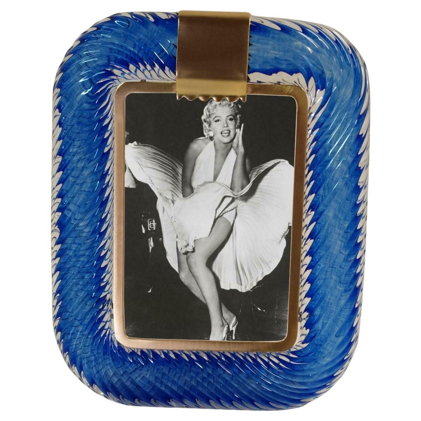 "Blue Marilyn" Blue Murano Glass Brass Frame Photo Frame