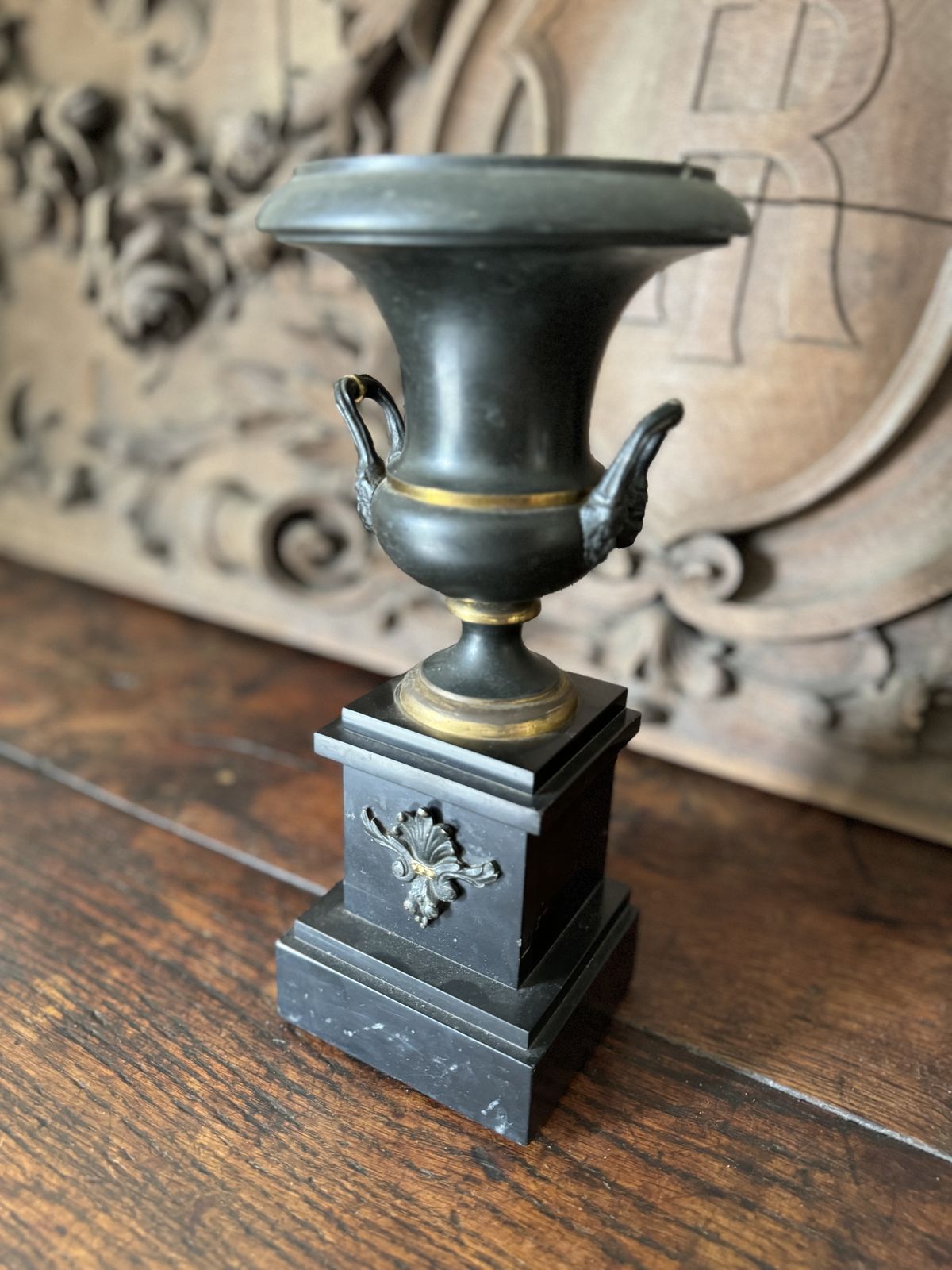 19th Century Grand Tour Patinated Garniture. Mounted On Slate Pillar