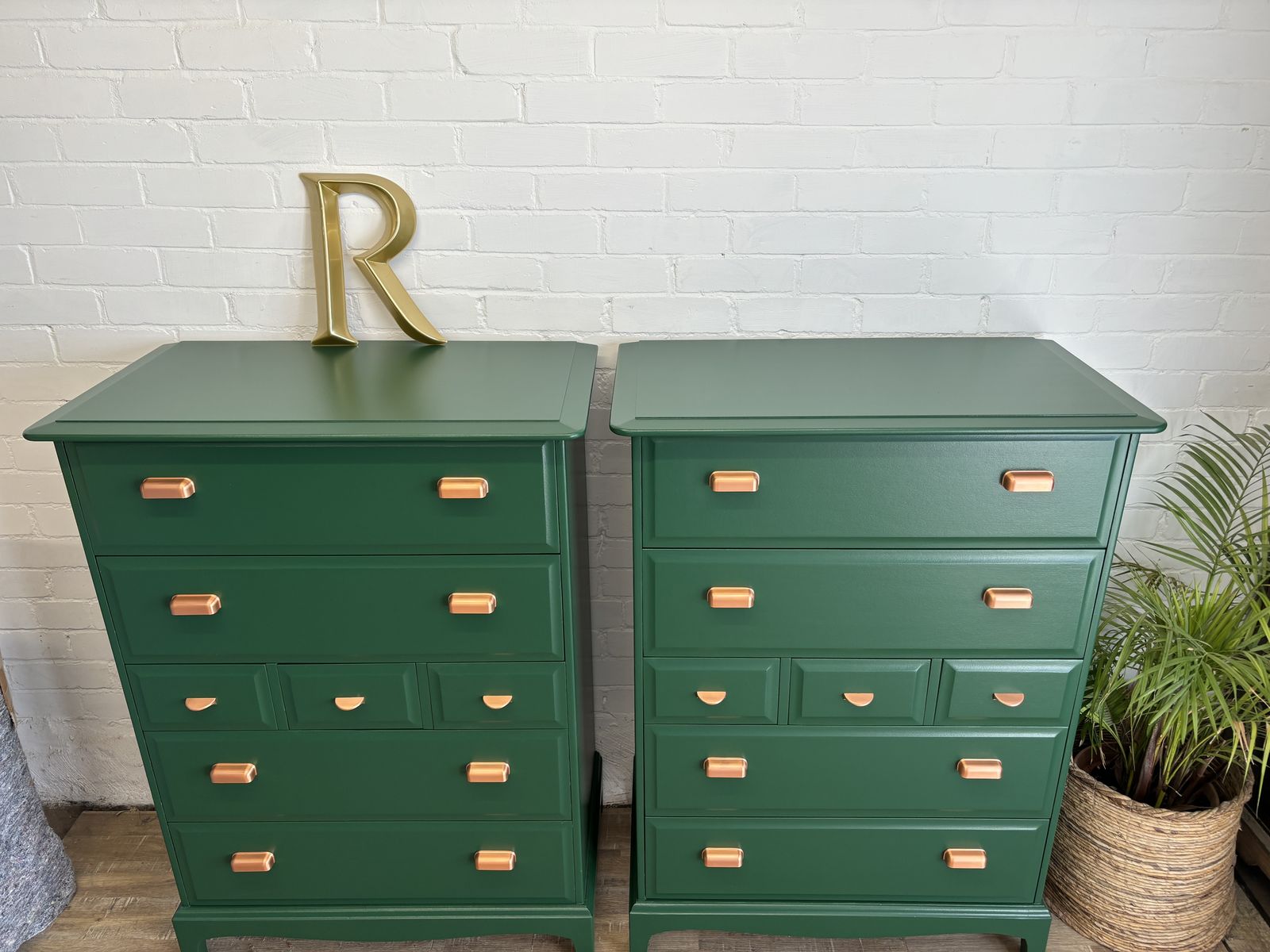 photo buy Pair Of Stag Minstrel Tallboy Chest Of Drawers Painted Green