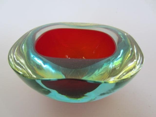 Murano Sommerso Oval Faceted Red Blue And Glowing Green Geode Art Glass Bowl photo furniture